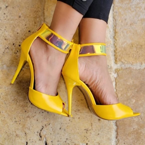 Shoes - Women's Yellow Close Back Ankle Strap Heel Sandals